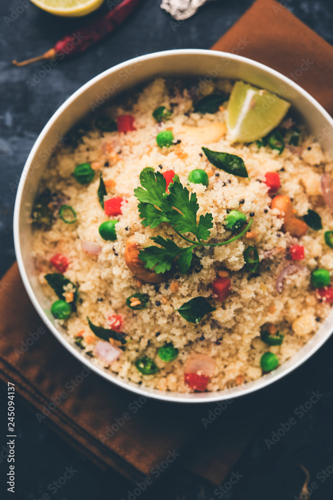 Rava Upma / Uppuma - south indian breakfast served in a bowl. selective focus