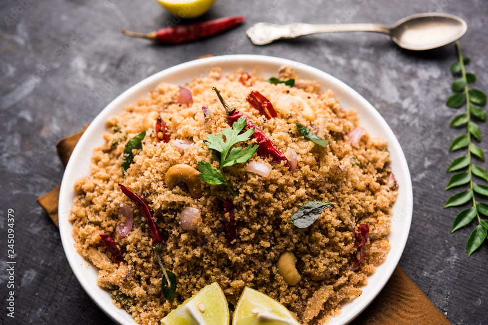 Rava Upma / Uppuma - south indian breakfast served in a bowl. selective focus Rava Upma / Uppuma - south indian breakfast served in a bowl. selective focus