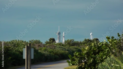 Rocket blasts off from launch pad at Kennedy Space Center.  Wide angle with audio. photo