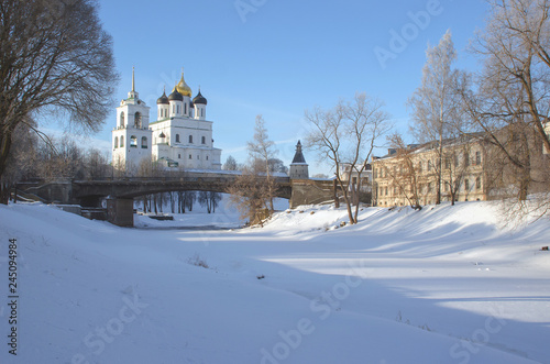 Trinity cathedral Pskov. Kremlin Russia. Ancient fortress on the river bank.