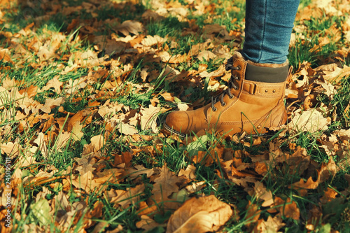 Human wearing brown leather boot and walking in fallen oak leaves.
