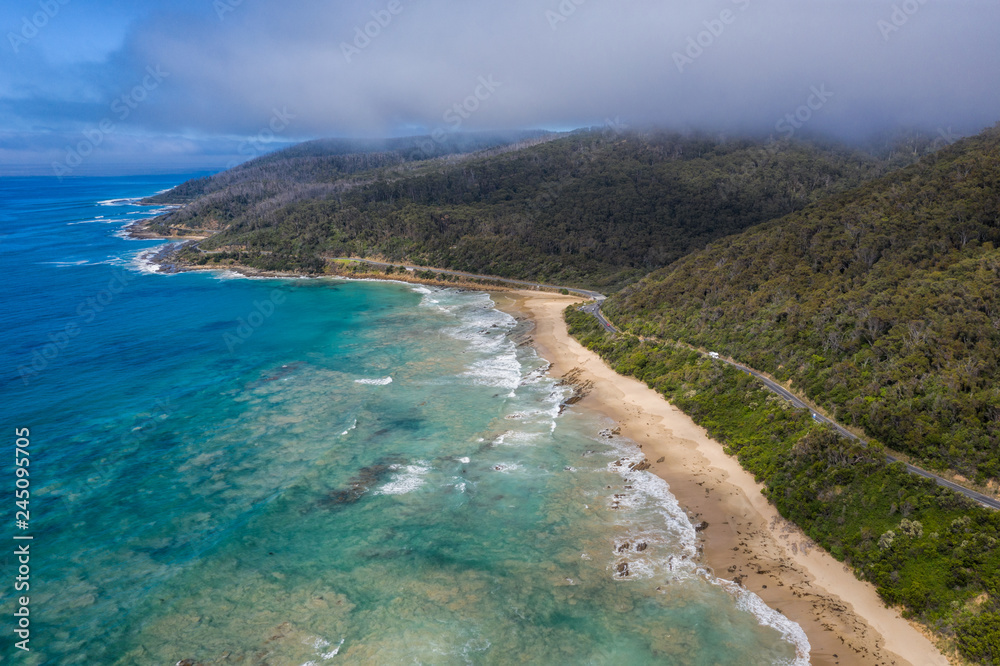 Aerial view of the great ocean road in Victoria Australia, one of the world's most spectacular ocean drives