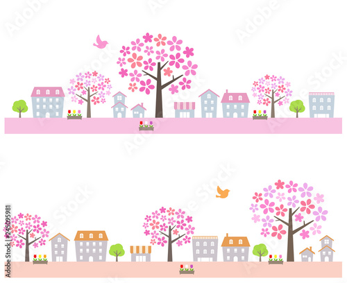 Big cherry tree in Spring Townscape set