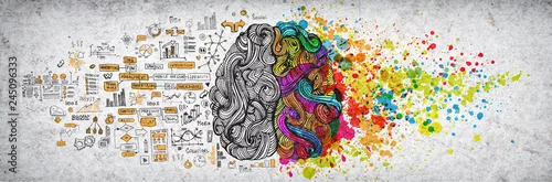 Panel kuchenny z motywem Left right human brain concept, textured illustration. Creative left and right part of human brain, emotial and logic parts concept with social and business doodle illustration of left side, and art