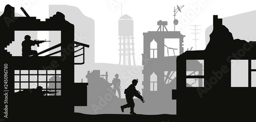 Black military silhouettes on white background. Soldiers assault house with terrorists. Scene of combat in broken city. War panorama