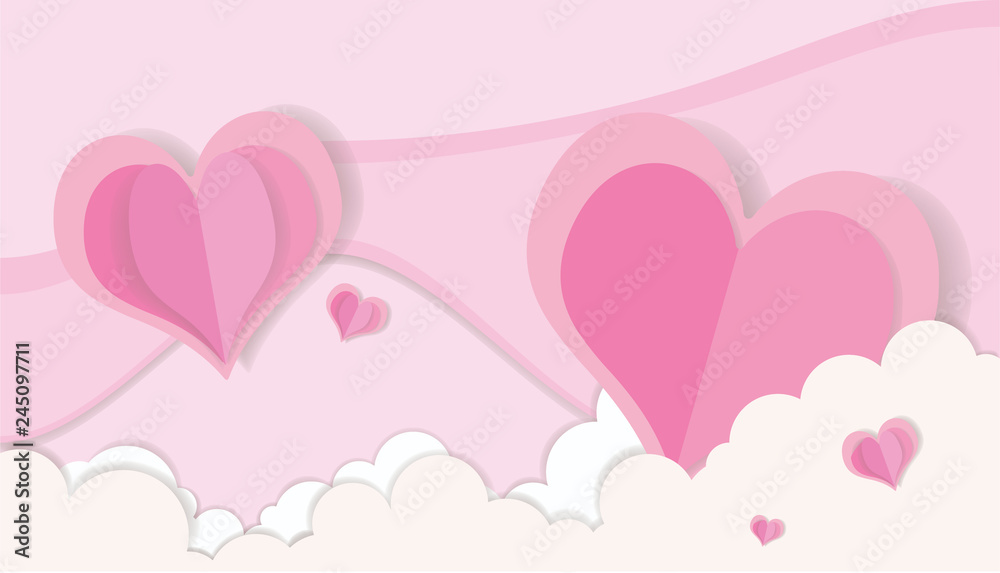 LOVE - Valentine's Day Pink Color Cutting paper Heart  and Couples Wedding Cards Concept Art / Illustrations 