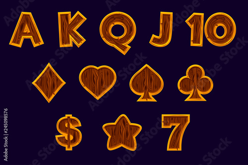Set Slot machine icons. Gaming icons of card symbols for slot machines or casino in wooden texture. Game casino, slot, UI