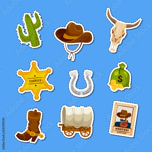 Vector cartoon wild west elements stickers set illustration. Wild west star sheriff badge and different elements
