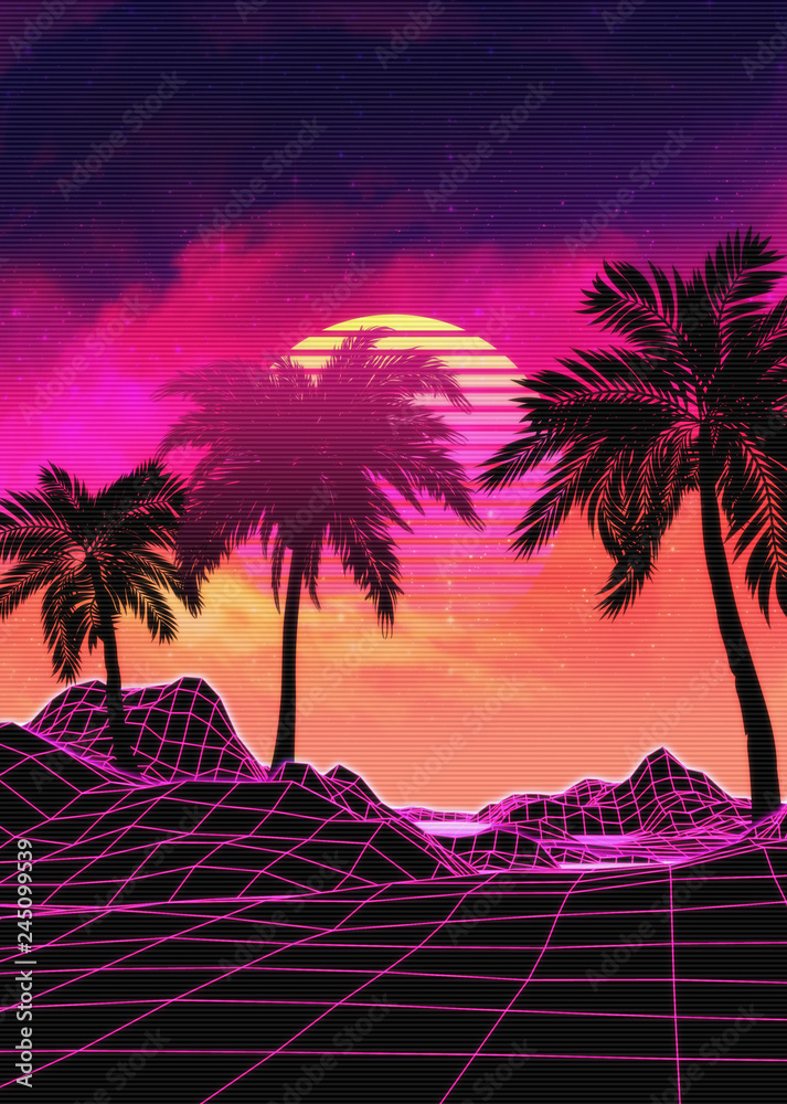 Vaporwave landscape with rocks and palms