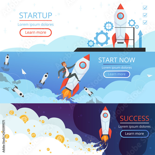 Startup banners. New idea or creative business launch rocket ship or shuttle symbol of first project vector concept pictures. Rocket ship startup, idea business launch illustration
