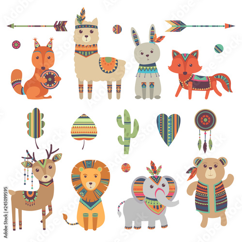 Tribal animals. Cute zoo squirrel llama hare fox deer lion elephant and bear with vintage feathers ethnic patterns vector characters. Wild llama and deer, rabbit and bear illustration