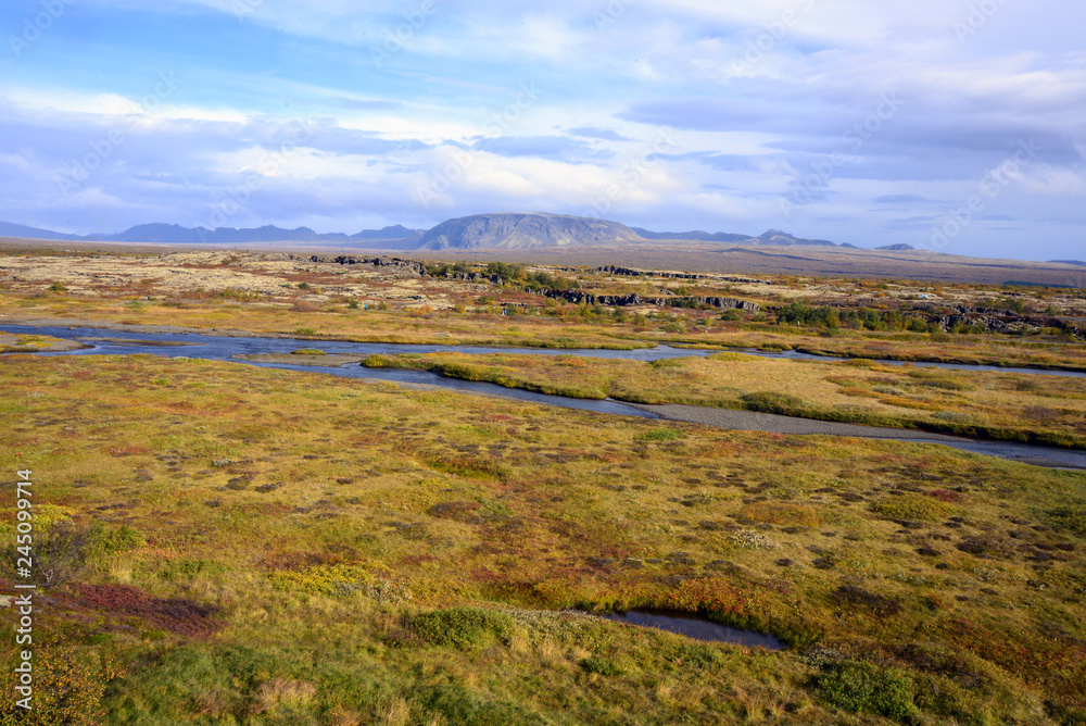 Scenic view of the valley, rugged by volcanic faults in Thingvellir National Park (Thingvellir), Iceland.