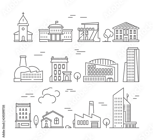 Town buildings icon. Urban architecture village houses factory living rooms exterior walls vector linear pictures set. Building estate linear, house suburban outline illustration