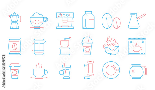 Coffee cup icons. Hot drinks tea and coffee espresso cup and mug pot cake food vector linear symbols. Illustration of coffee and tea mug, drink cup mocha linear