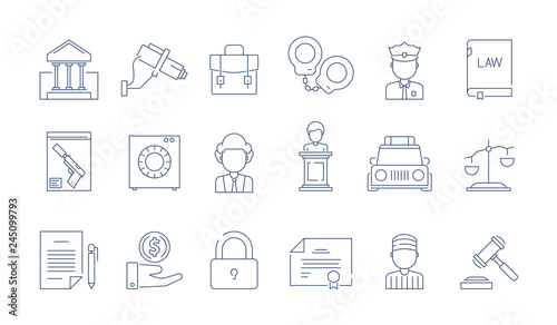 Law protection icon. Lawyer justice legal corporate judgement vector thin linear symbols. Illustration of law legal justice, line judge and gavel
