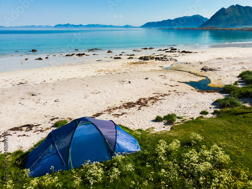 Tent on beach, Lofoten islands, Norway © Voyagerix