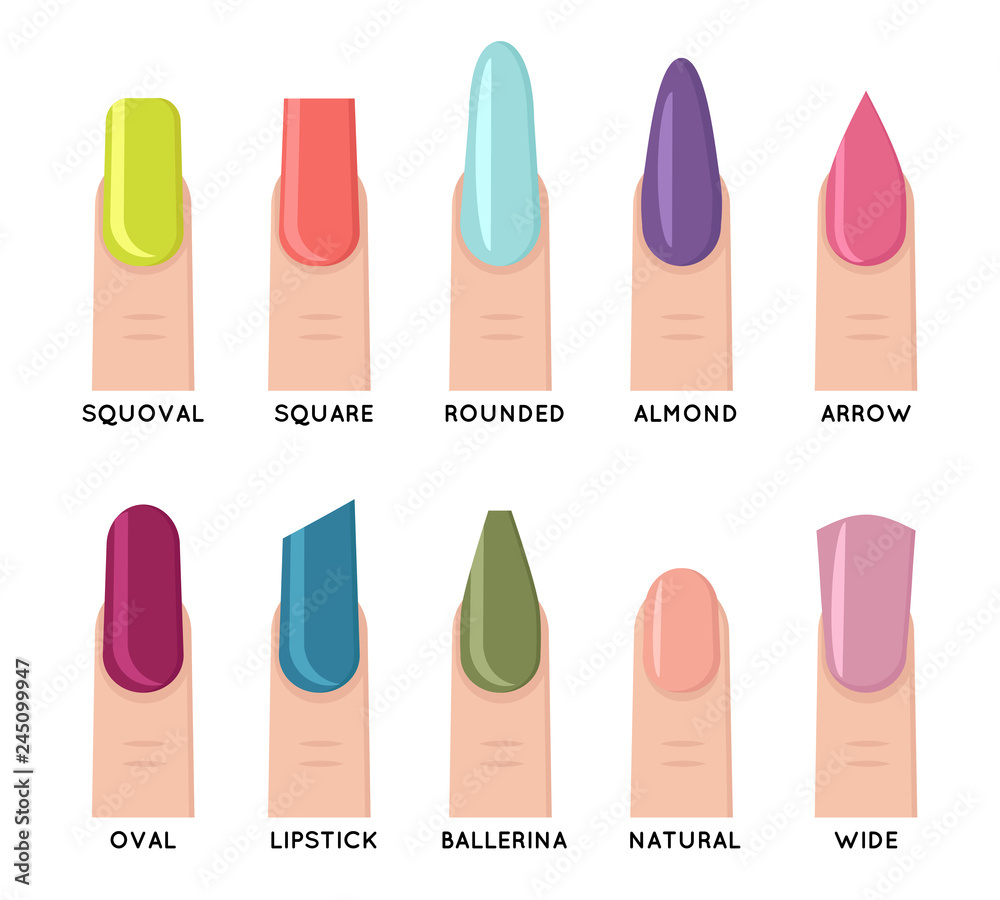 Fashion trend female nail manicure shape forms isolated icons set flat design vector illustration Fashion trend female nail manicure shape forms isolated icons set flat design vector illustration