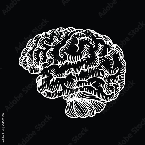 Brain illustration in old school style on black background