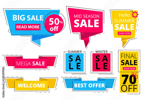 Trendy flat banners. Offers advertizing discount tags promo labels stickers graphic vector colored shapes. Illustration of discount and sale offer, promo special