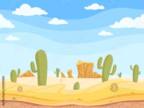 Desert seamless background. Wild west game outdoor western canyon landscape with stones rock sand cactuses vector cartoon illustration. Game horizon, sand canyon, western desert nature
