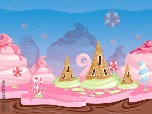 Game fantasy landscape. Seamless background with delicious dessert food candy caramel chocolate biscuits vector illustration. Game dessert cake, ice cream and lollipop
