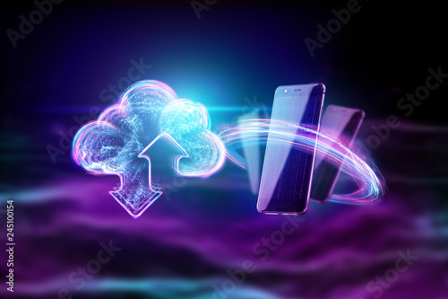 Creative background, hologram image of clouds on the background of energy waves, purple background. The concept of cloud technology, cloud storage, a new generation of networks. Mixed media.