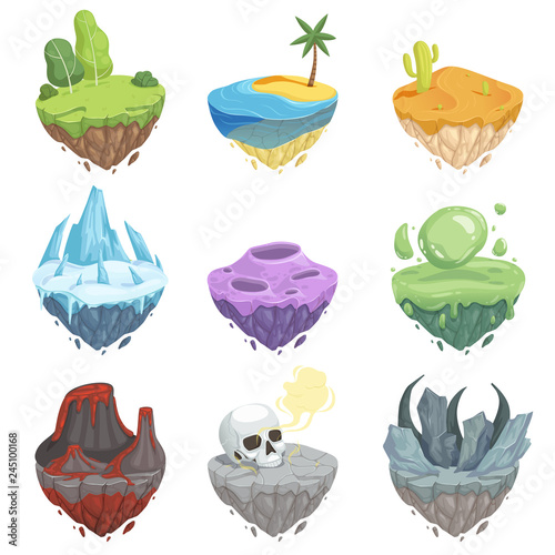 Isometric islands. Cartoon landscape with rock ice grass ground volcano lava surface vector object for game. Illustration of island and ground game, grass landscape