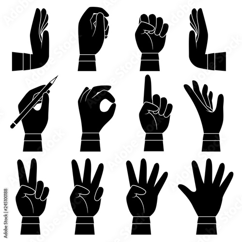 Hands gesture collection. Male and female arms palms and fingers pointing giving taking touch holding vector cartoon silhouette. Illustration of hand gesturing, ok and pointing forefinger
