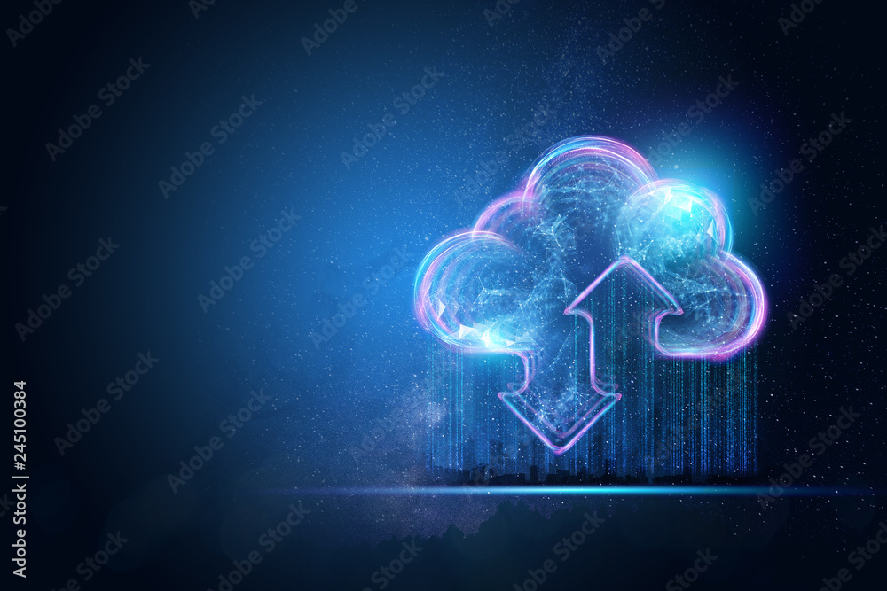 Creative background, the image of the hologram of the cloud, blue background. The concept of cloud technology, cloud storage, a new generation of networks. Mixed media. Creative background, the image of the hologram of the cloud, blue background. The concept of cloud technology, cloud storage, a new generation of networks. Mixed media.