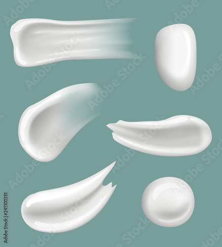 White cream smears. Cosmetic drops and splashes cream moisturizer vector realistic template. Cosmetic makeup for facial, smear cream illustration