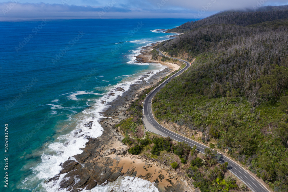 Aerial view of the great ocean road in Victoria Australia, one of the world's most spectacular ocean drives Aerial view of the great ocean road in Victoria Australia, one of the world's most spectacular ocean drives