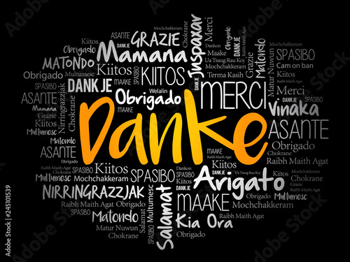 Danke (Thank You in German) word cloud background in different languages