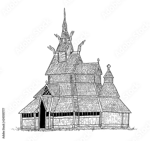 Drawing of Norwegian old Stave church in Sæle, Sogn og Fjordane. Hand sketch of Scandinavian architecture, black and white illustration.