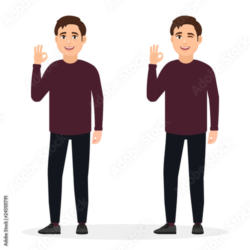 The guy shows the gesture is cool, the gesture is good. Vector illustration in cartoon style.