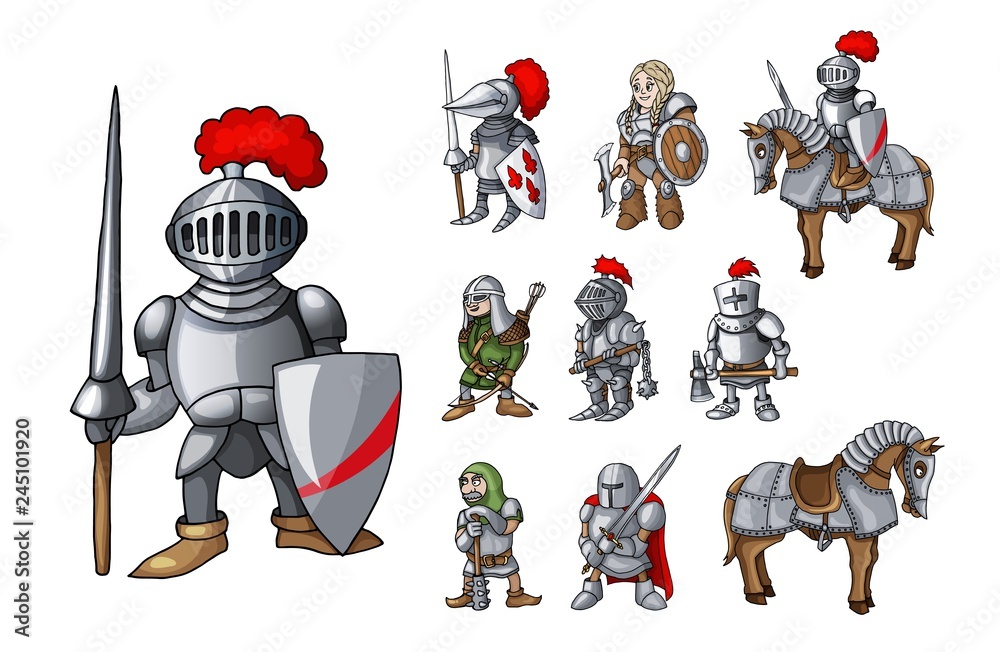 Set of medieval knight characters standing in different poses isolated on white