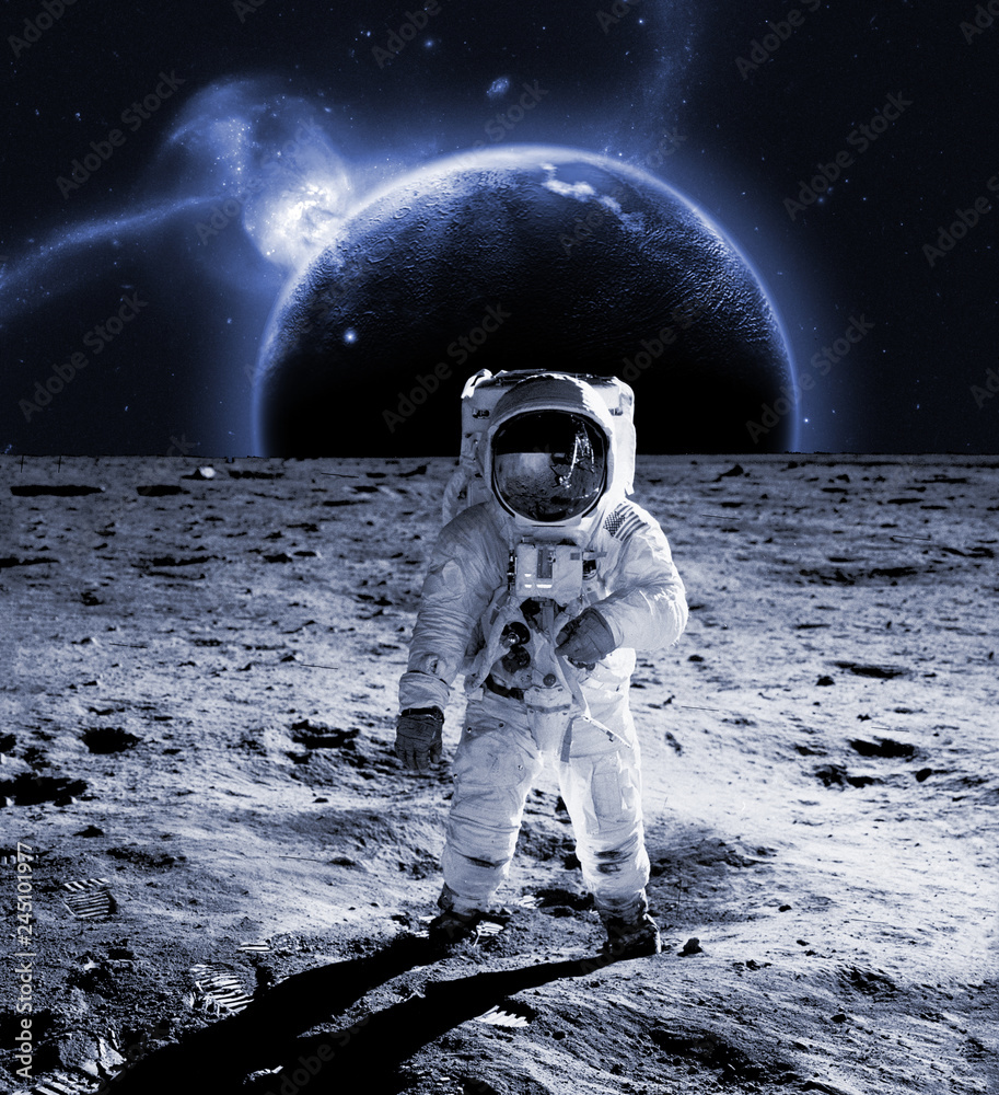 Fotografia astronaut walk on the moon wear cosmosuit. future concept - Kup  na Posters.pl