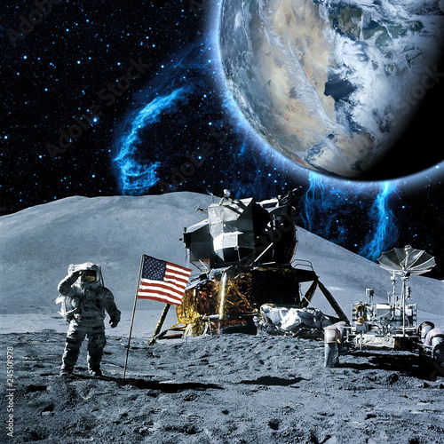 astronaut walk on the moon wear cosmosuit. future concept. elements of this image furnished by nasa f photo