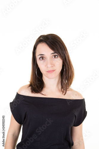 pretty serious woman on a white background in classic portrait