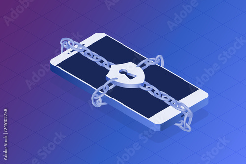 Phone security concept. Protect your privacy vector illustration. Locked phone by chain, log in concepts.