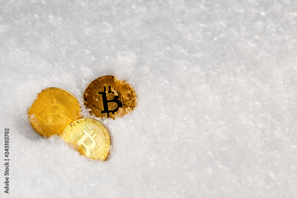 Bitcoin cryptocurrency on snow. Bitcoin cryptocurrency on snow.