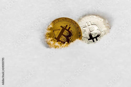 Bitcoin cryptocurrency on snow.