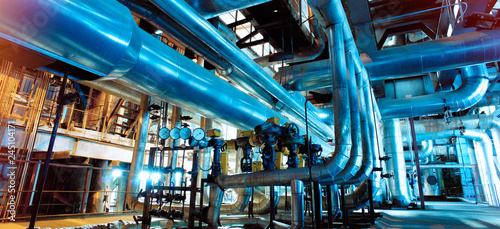 Industrial zone, Steel pipelines, valves and ladders photo
