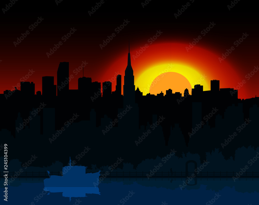 Night city with sunset and skyscrapers, river, pier, and boat. Night city with sunset and skyscrapers, river, pier, and boat.