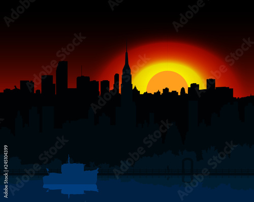 Night city with sunset and skyscrapers, river, pier, and boat.