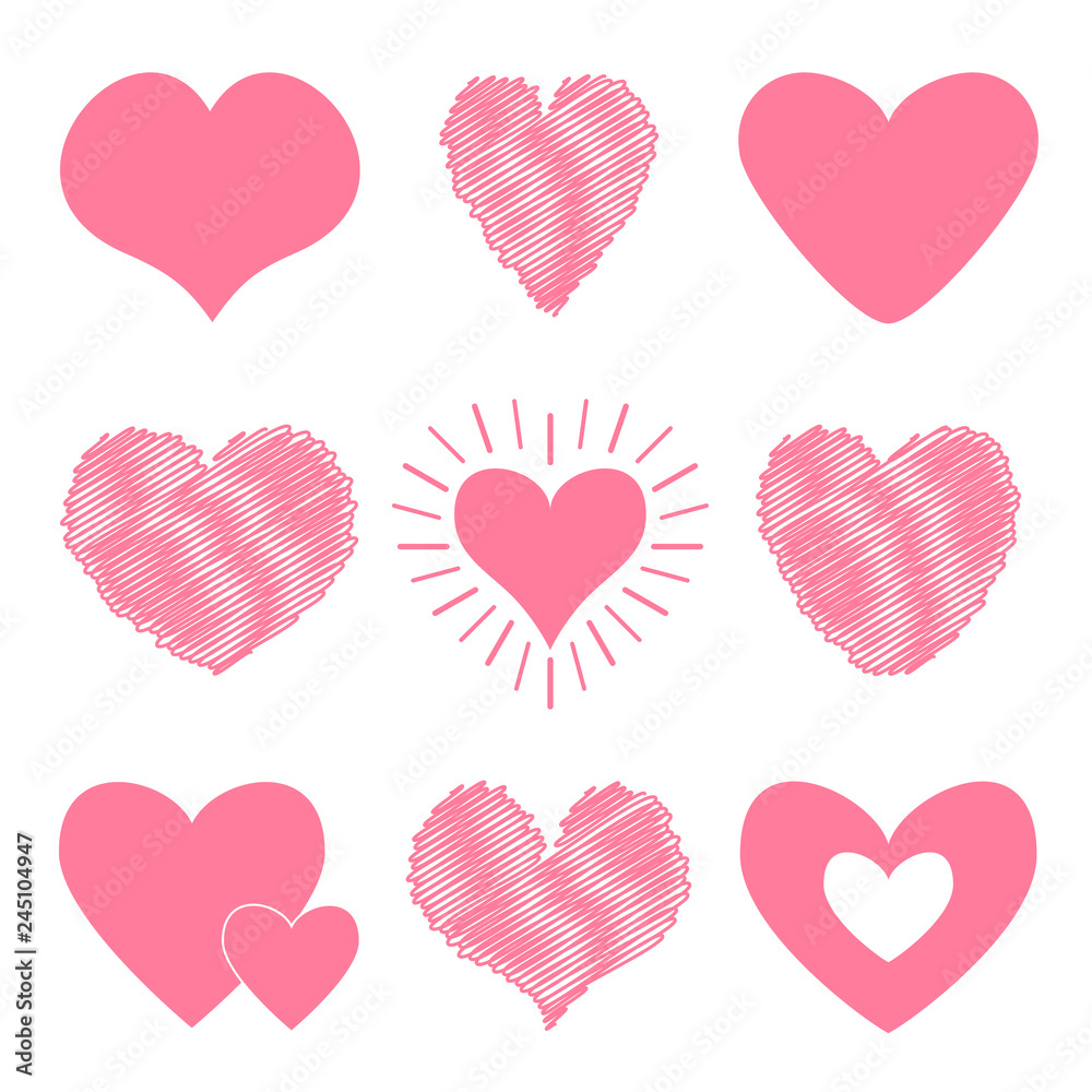 Pink heart icon set. Happy Valentines day sign symbol template. Different shape. Paper and scribble line effect. Cute graphic object. Flat design. Love greeting card. Isolated. White background.