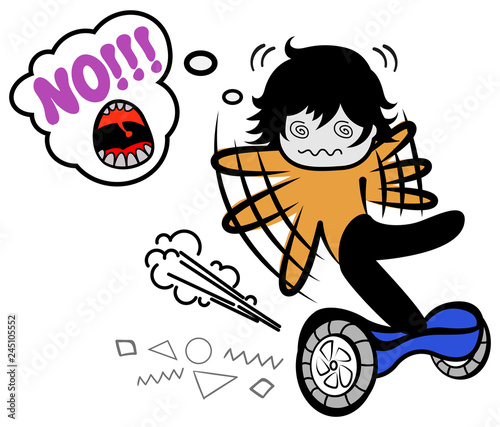 Funny vector doodle boy falls on segway. Cartoon man trying to keep balance. Guy balancing on modern electric segway or hoverboard. alternative transport concept, ecology and environment concept.