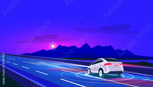 Vector illustration of smart autonomous driverless electric car driving on highway in nature mountain landscape. Lonely ride at night with empty road. Autopilot radar sensors scanning distance. 