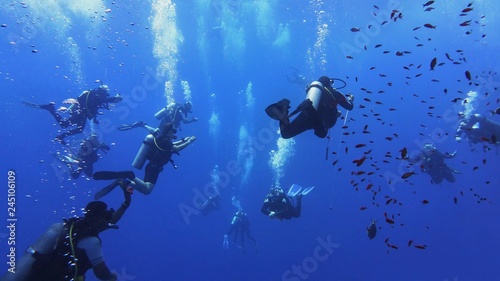 Group of scuba divers in the blue deep sea water
