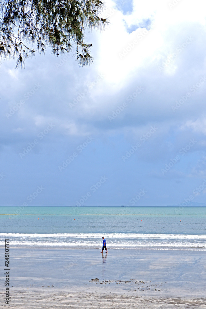 Walking man on beach, coastline, tree, sky and cloud