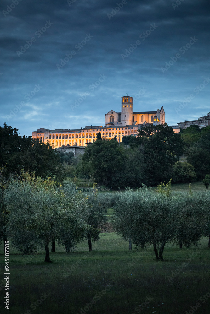 Historic Assisi city with St Francis church. Assisi, Perugia, Umbria, Italy